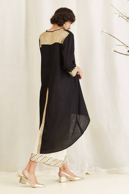 Shop_Anju & Harleen_Black Linen Embroidery Boat Neck Asymmetric Back Slit Kurta With Wide Legged _Online_at_Aza_Fashions