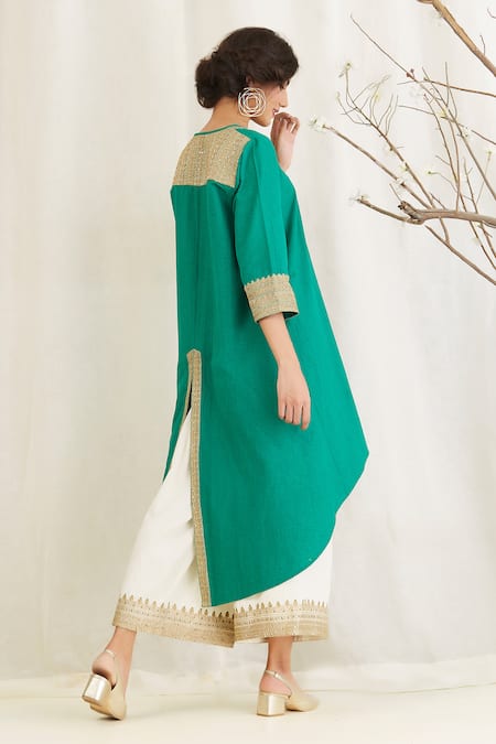Buy_Anju & Harleen_Green Linen Embroidery Round Neck Asymmetric Back Slit Kurta Wide Legged Set _Online_at_Aza_Fashions