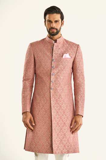 Shop_Raghavendra Rathore Jodhpur_Pink Brocade Embroidery The Barfi Inlay Sherwani _Online_at_Aza_Fashions