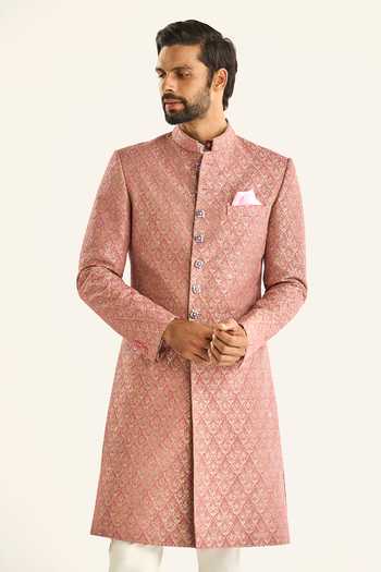 Raghavendra Rathore Jodhpur_Pink Brocade Embroidery The Barfi Inlay Sherwani _at_Aza_Fashions