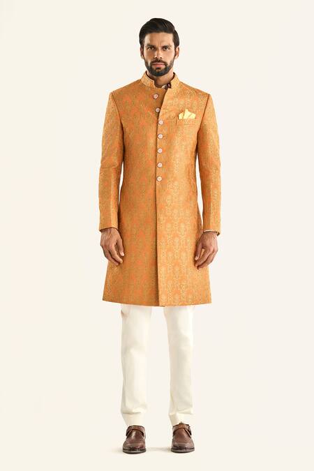 Raghavendra Rathore Jodhpur_Orange Brocade Embroidery The Mural Sherwani _Online_at_Aza_Fashions