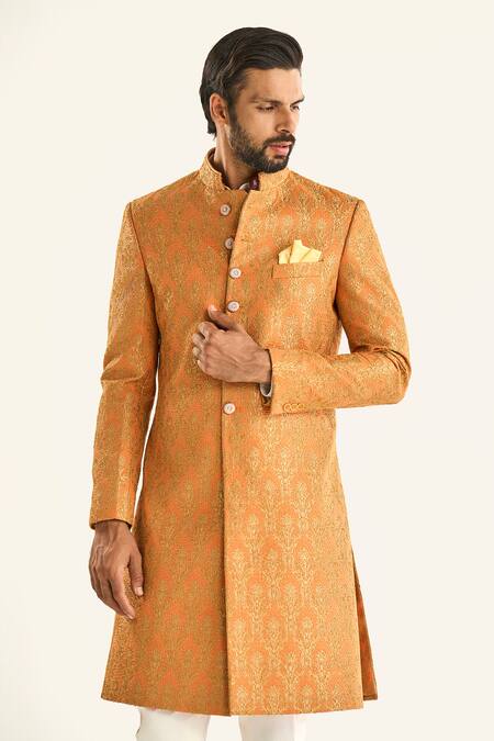 Buy_Raghavendra Rathore Jodhpur_Orange Brocade Embroidery The Mural Sherwani _Online_at_Aza_Fashions