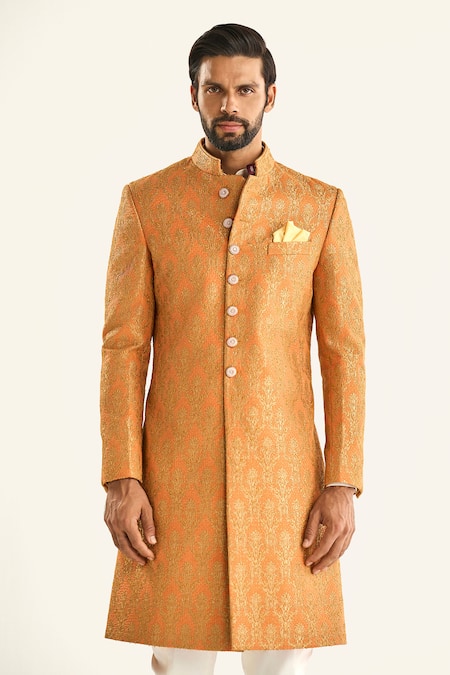 Shop_Raghavendra Rathore Jodhpur_Orange Brocade Embroidery The Mural Sherwani _Online_at_Aza_Fashions