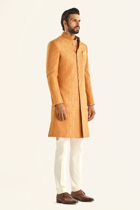 Raghavendra Rathore Jodhpur_Orange Brocade Embroidery The Mural Sherwani _at_Aza_Fashions
