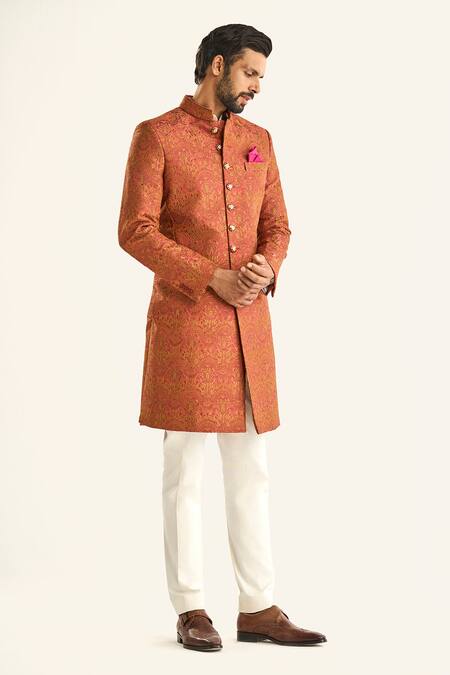 Shop_Raghavendra Rathore Jodhpur_Pink Brocade Embroidery The Sheesh Mahal Sherwani _Online_at_Aza_Fashions