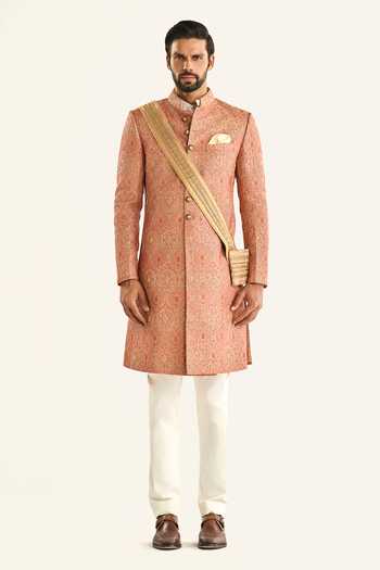 Raghavendra Rathore Jodhpur_Peach Brocade Embroidery The Jaipur Engraving Sherwani _Online_at_Aza_Fashions