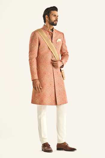Buy_Raghavendra Rathore Jodhpur_Peach Brocade Embroidery The Jaipur Engraving Sherwani _Online_at_Aza_Fashions