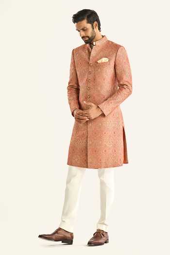 Shop_Raghavendra Rathore Jodhpur_Peach Brocade Embroidery The Jaipur Engraving Sherwani _Online_at_Aza_Fashions