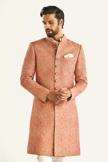 Raghavendra Rathore Jodhpur_Peach Brocade Embroidery The Jaipur Engraving Sherwani _at_Aza_Fashions