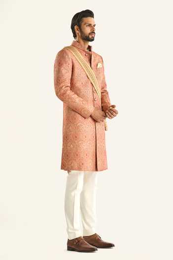Buy_Raghavendra Rathore Jodhpur_Peach Brocade Embroidery The Jaipur Engraving Sherwani 