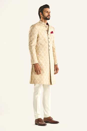 Buy_Raghavendra Rathore Jodhpur_Off White Brocade Embroidery The Paan Butti Sherwani _Online_at_Aza_Fashions