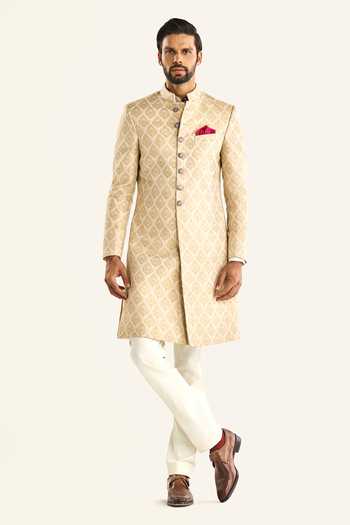 Shop_Raghavendra Rathore Jodhpur_Off White Brocade Embroidery The Paan Butti Sherwani _Online_at_Aza_Fashions