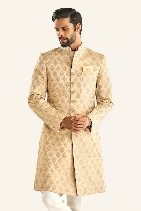 Shop_Raghavendra Rathore Jodhpur_Off White Brocade Embroidery The Mewari Sherwani _Online_at_Aza_Fashions
