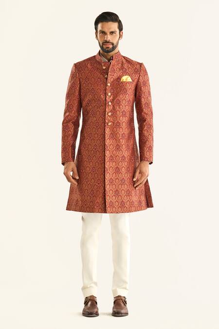 Raghavendra Rathore Jodhpur_Maroon Brocade Embroidery The Gilded Trousseau Sherwani _Online_at_Aza_Fashions
