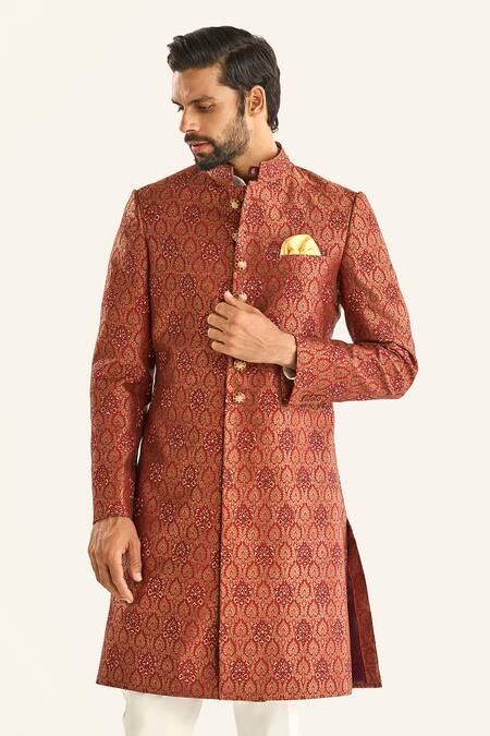 Buy_Raghavendra Rathore Jodhpur_Maroon Brocade Embroidery The Gilded Trousseau Sherwani _Online_at_Aza_Fashions