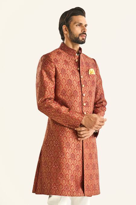 Shop_Raghavendra Rathore Jodhpur_Maroon Brocade Embroidery The Gilded Trousseau Sherwani _Online_at_Aza_Fashions