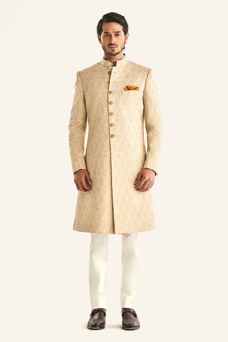 Raghavendra Rathore Jodhpur_Off White Brocade Embroidery The Bikaner Sherwani _Online_at_Aza_Fashions