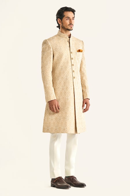 Buy_Raghavendra Rathore Jodhpur_Off White Brocade Embroidery The Bikaner Sherwani _Online_at_Aza_Fashions