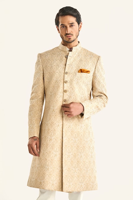Shop_Raghavendra Rathore Jodhpur_Off White Brocade Embroidery The Bikaner Sherwani _Online_at_Aza_Fashions