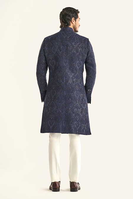 Shop Raghavendra Rathore Jodhpur Blue Brocade Embroidery The Jal Mahal Sherwani at Aza Fashions Shop_Raghavendra Rathore Jodhpur_Blue Brocade Embroidery The Jal Mahal Sherwani _at_Aza_Fashions
