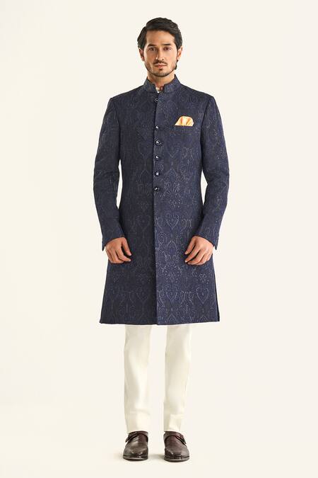 Raghavendra Rathore Jodhpur Blue Brocade Embroidery The Jal Mahal Sherwani Online at Aza Fashions Raghavendra Rathore Jodhpur_Blue Brocade Embroidery The Jal Mahal Sherwani _Online_at_Aza_Fashions