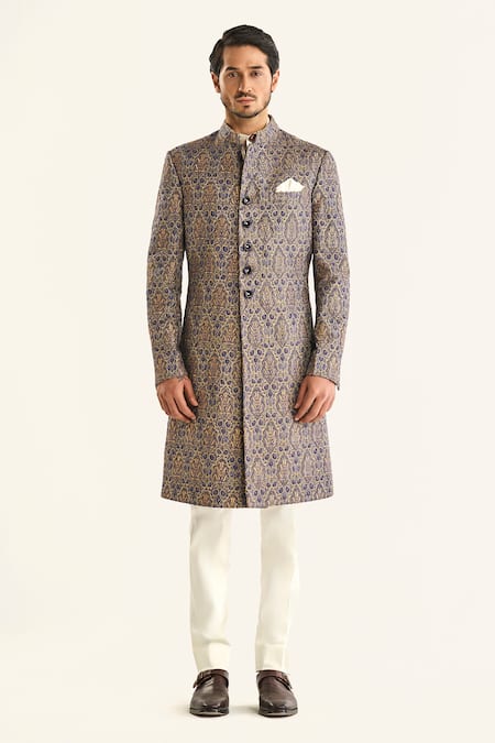Raghavendra Rathore Jodhpur_Blue Brocade Embroidery The Kalamkari Sherwani _Online_at_Aza_Fashions