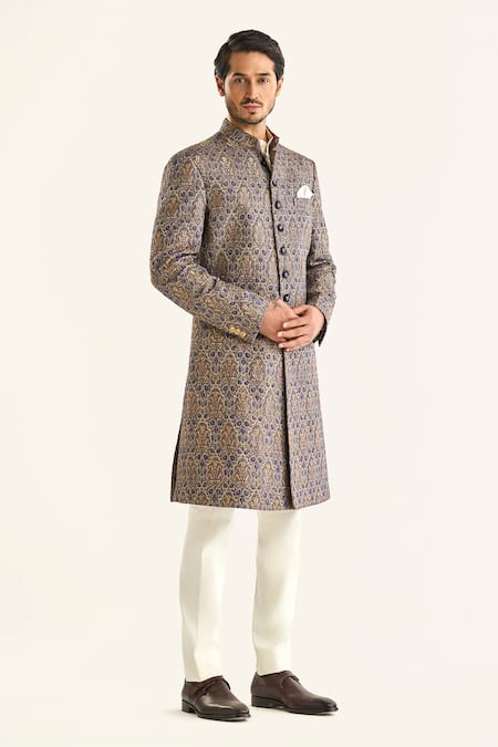 Buy_Raghavendra Rathore Jodhpur_Blue Brocade Embroidery The Kalamkari Sherwani _Online_at_Aza_Fashions