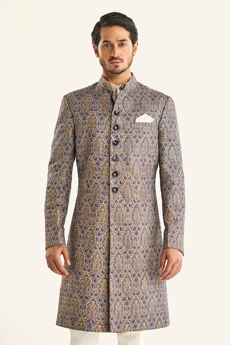 Shop_Raghavendra Rathore Jodhpur_Blue Brocade Embroidery The Kalamkari Sherwani _Online_at_Aza_Fashions