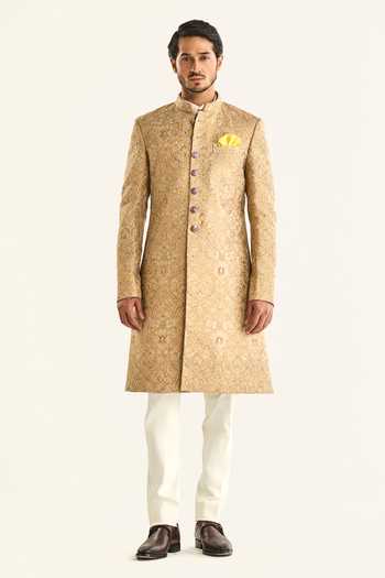 Raghavendra Rathore Jodhpur_Gold Brocade Embroidery The Jaisalmer Dune Sherwani _Online_at_Aza_Fashions