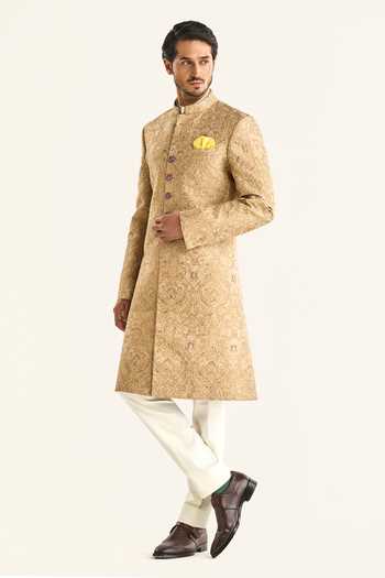 Buy_Raghavendra Rathore Jodhpur_Gold Brocade Embroidery The Jaisalmer Dune Sherwani _Online_at_Aza_Fashions