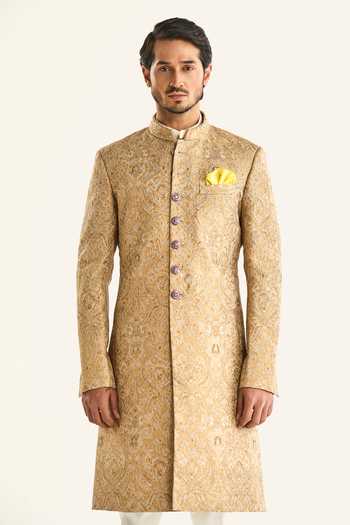 Shop_Raghavendra Rathore Jodhpur_Gold Brocade Embroidery The Jaisalmer Dune Sherwani _Online_at_Aza_Fashions