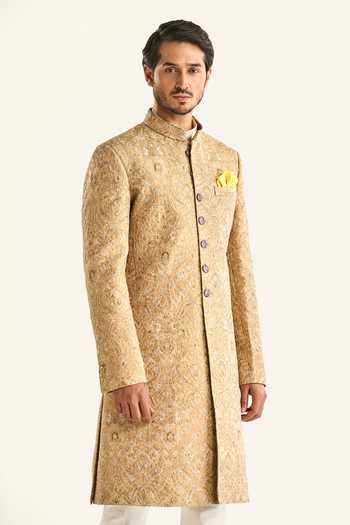 Raghavendra Rathore Jodhpur_Gold Brocade Embroidery The Jaisalmer Dune Sherwani _at_Aza_Fashions