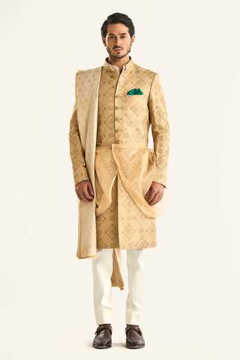 Raghavendra Rathore Jodhpur_Gold Brocade Embroidery The Mosaic Sherwani _Online_at_Aza_Fashions