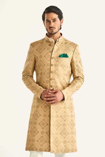 Shop_Raghavendra Rathore Jodhpur_Gold Brocade Embroidery The Mosaic Sherwani _Online_at_Aza_Fashions