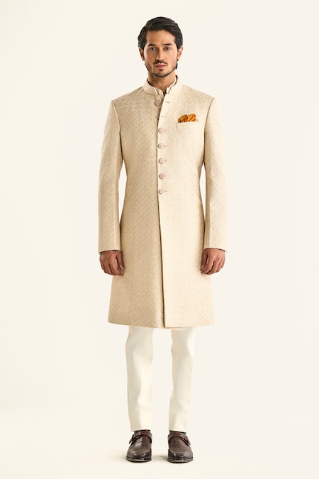 Raghavendra Rathore Jodhpur_Off White Brocade Embroidery The Shaahi Sherwani _Online_at_Aza_Fashions