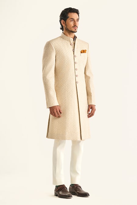 Buy_Raghavendra Rathore Jodhpur_Off White Brocade Embroidery The Shaahi Sherwani _Online_at_Aza_Fashions