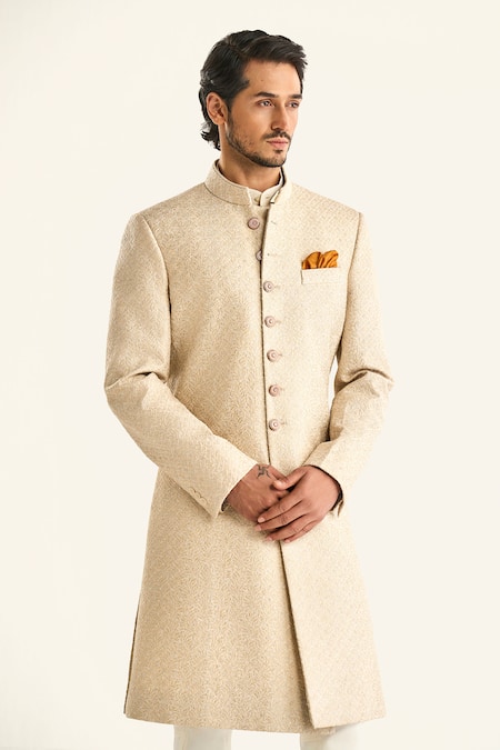 Shop_Raghavendra Rathore Jodhpur_Off White Brocade Embroidery The Shaahi Sherwani _Online_at_Aza_Fashions