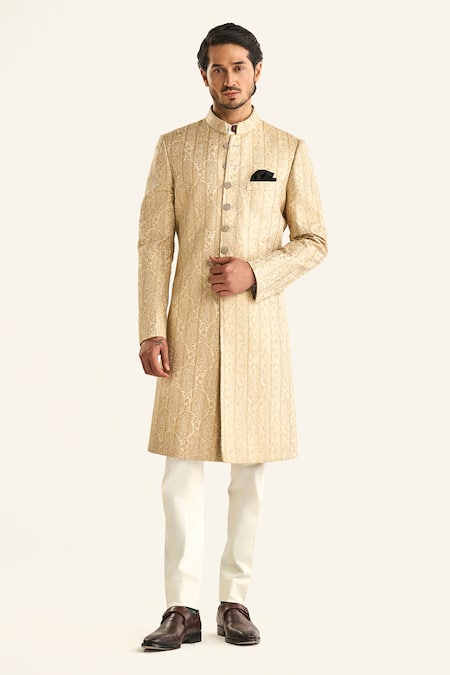 Raghavendra Rathore Jodhpur Off White Brocade Woven Paisley Butti The Ambi Stripe Sherwani