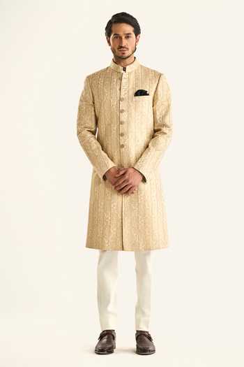 Raghavendra Rathore Jodhpur_Off White Brocade Embroidery The Ambi Stripe Sherwani _Online_at_Aza_Fashions