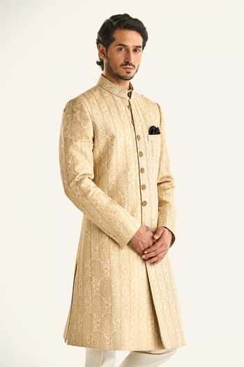 Buy_Raghavendra Rathore Jodhpur_Off White Brocade Embroidery The Ambi Stripe Sherwani _Online_at_Aza_Fashions