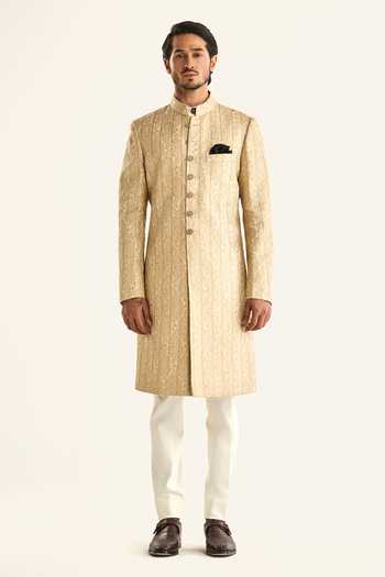 Shop_Raghavendra Rathore Jodhpur_Off White Brocade Embroidery The Ambi Stripe Sherwani _Online_at_Aza_Fashions