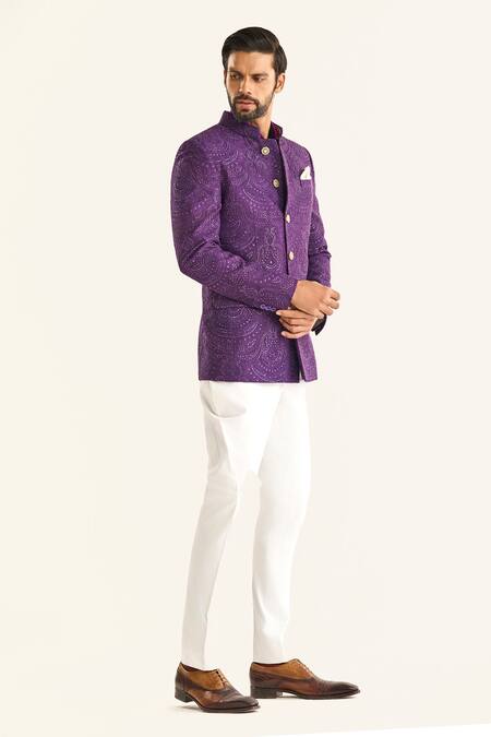 Shop_Raghavendra Rathore Jodhpur_Purple Silk Embroidery The Tapestry Regalia Bandhgala _Online_at_Aza_Fashions