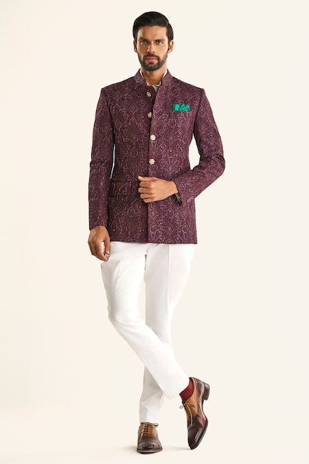 Raghavendra Rathore Jodhpur Wine Silk Woven Floral Jacquard The Bordeaux Bandhgala 