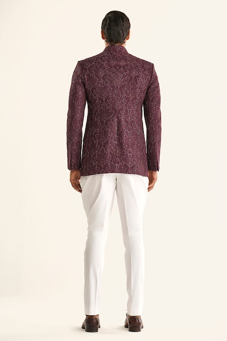 Shop Raghavendra Rathore Jodhpur Wine Silk Sequins, Embroidery The Bordeaux Jacquard Bandhgala at Aza Fashions Shop_Raghavendra Rathore Jodhpur_Wine Silk Sequins, Embroidery The Bordeaux Jacquard Bandhgala_at_Aza_Fashions