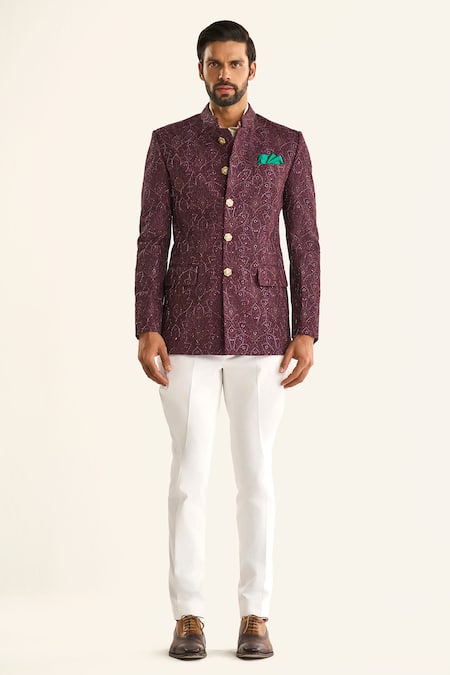 Raghavendra Rathore Jodhpur Wine Silk Sequins, Embroidery The Bordeaux Jacquard Bandhgala Online at Aza Fashions Raghavendra Rathore Jodhpur_Wine Silk Sequins, Embroidery The Bordeaux Jacquard Bandhgala_Online_at_Aza_Fashions