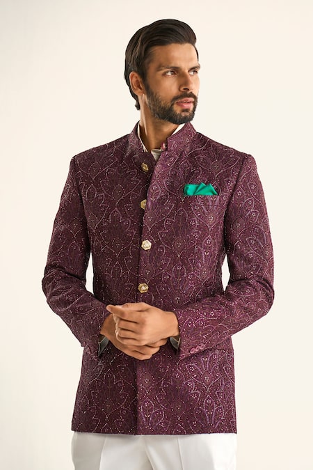 Buy Raghavendra Rathore Jodhpur Wine Silk Sequins, Embroidery The Bordeaux Jacquard Bandhgala Online at Aza Fashions Buy_Raghavendra Rathore Jodhpur_Wine Silk Sequins, Embroidery The Bordeaux Jacquard Bandhgala_Online_at_Aza_Fashions