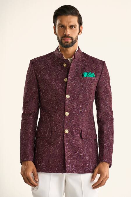 Shop Raghavendra Rathore Jodhpur Wine Silk Sequins, Embroidery The Bordeaux Jacquard Bandhgala Online at Aza Fashions Shop_Raghavendra Rathore Jodhpur_Wine Silk Sequins, Embroidery The Bordeaux Jacquard Bandhgala_Online_at_Aza_Fashions