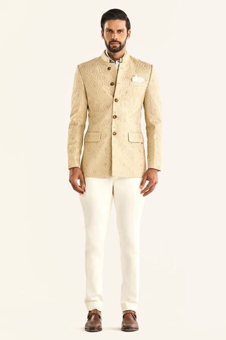 Buy_Raghavendra Rathore Jodhpur_Cream Silk Embroidery The Architectural Alcove Bandhgala _Online_at_Aza_Fashions