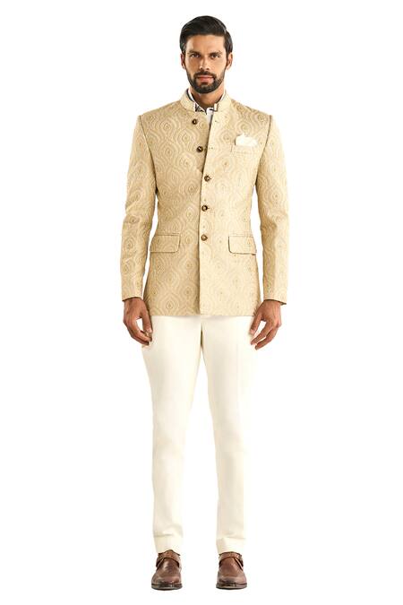 Shop_Raghavendra Rathore Jodhpur_Cream Silk Embroidery The Architectural Alcove Bandhgala _Online_at_Aza_Fashions