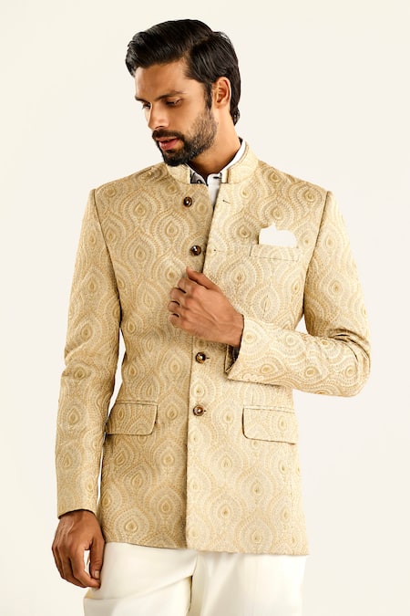 Buy_Raghavendra Rathore Jodhpur_Cream Silk Embroidery The Architectural Alcove Bandhgala 